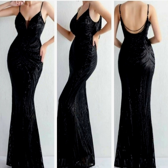 Dresses & Skirts - Black,  Geometric Print, Sleeveless,  Beaded Draped Back,  Sequined Merm…
